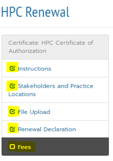 Image of RCDSO Portal HPC renewal navigation menu. 